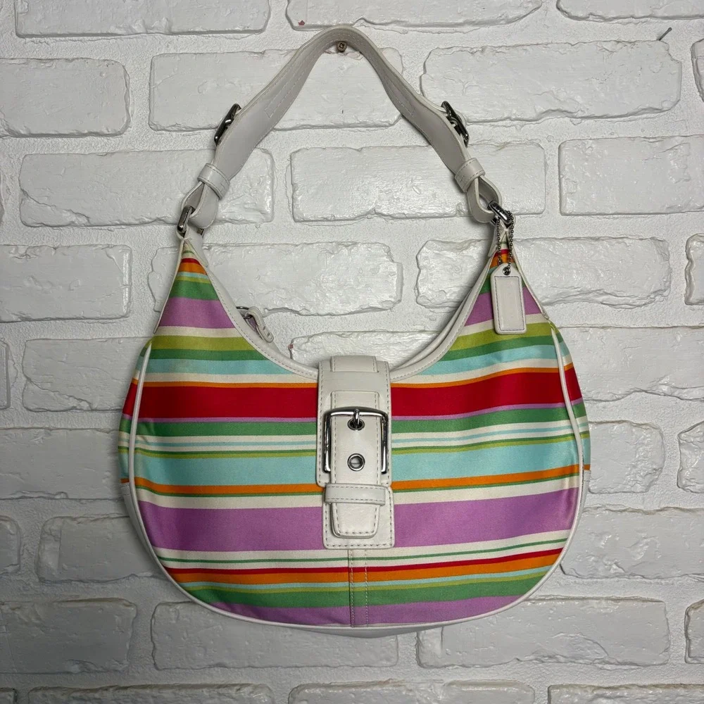 Vintage Coach Hamptons Multi-Stripe Hobo Shoulder Bag 10702 Y2K White Silver